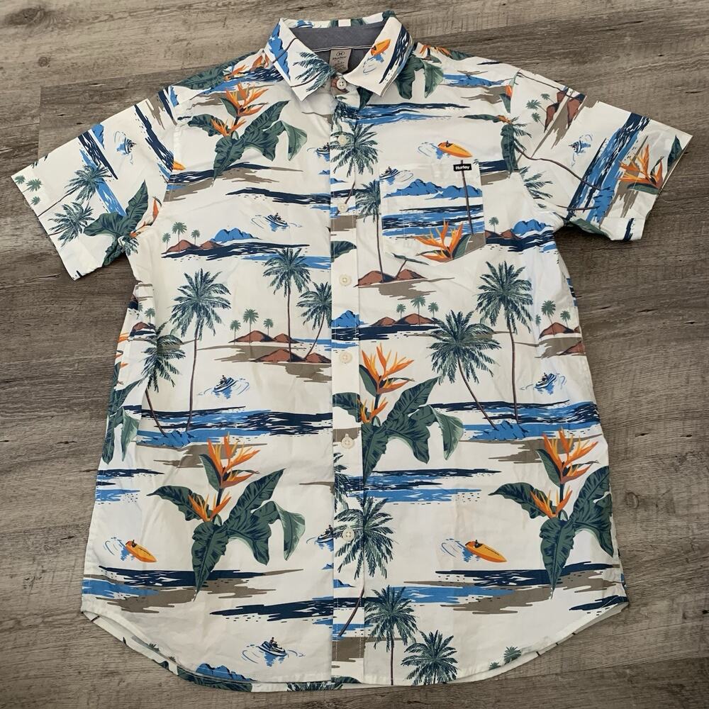 Hurley Shirt Mens Small Palm Tree Tropical Button-Up Cotton Stretch Short Sleeve